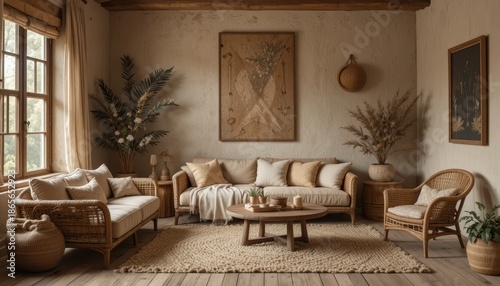 Cozy Modern Living Room Interior Design with Rattan Furniture and Natural Elements