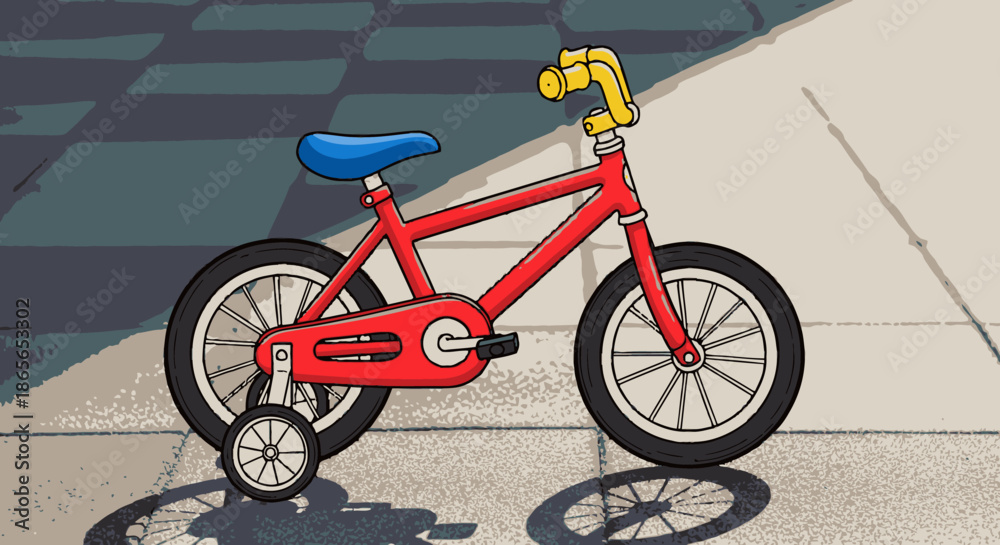 Naklejka premium A cheerful red children's bicycle, complete with a blue seat, yellow handlebars, and helpful training wheels, is parked on a paved ground.