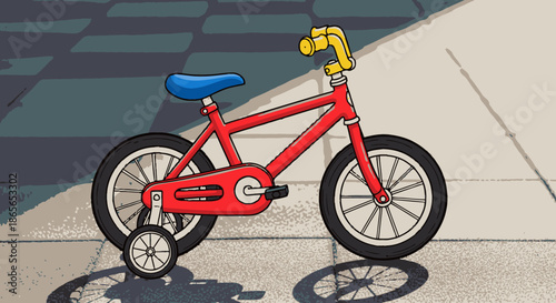 A cheerful red children's bicycle, complete with a blue seat, yellow handlebars, and helpful training wheels, is parked on a paved ground.