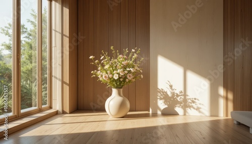 Bright Sunlit Interior with Flower Arrangement in White Vase and Warm Wooden Walls