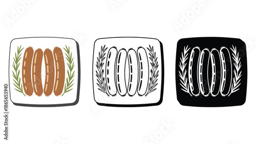 Three stylized illustrations of sausages on plates with decorative herbs, offering a versatile culinary graphic.