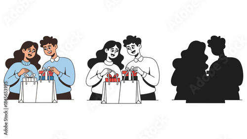 Joyful couple unpacking shopping bags filled with gifts and presents