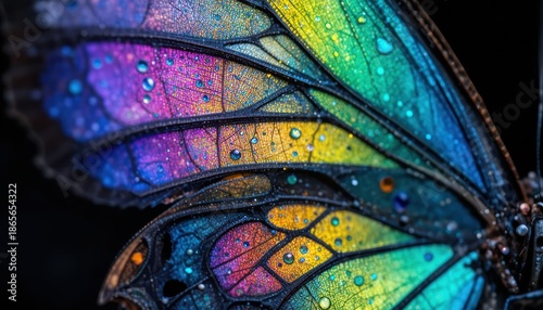 Close-Up of Colorful Butterfly Wings with Water Droplets Against a Black Background