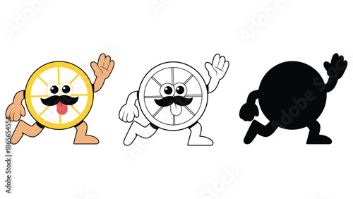 Playful cartoon citrus fruit character running with a mustache and waving