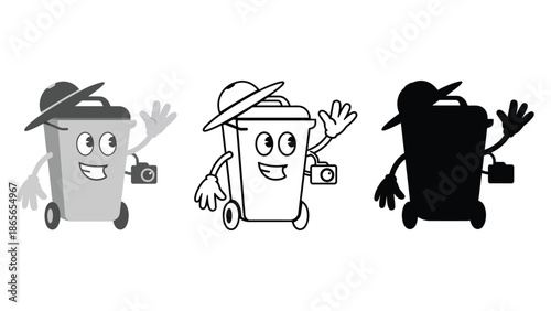 Friendly cartoon trash bin with camera waves hello in three styles