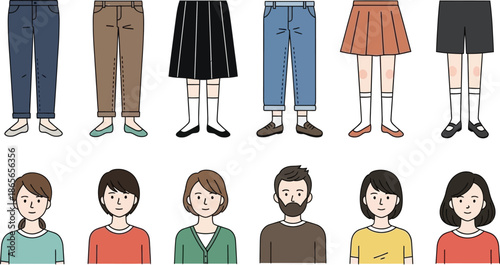 Diverse group of people showcasing various casual outfits and fashion styles, including pants, skirts, and shorts, in a modern flat illustration.