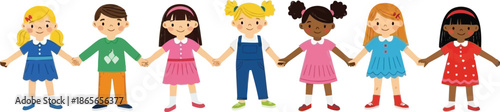 Diverse group of happy children holding hands, symbolizing friendship, unity, and global community. Joyful illustration of childhood togetherness and inclusivity.
