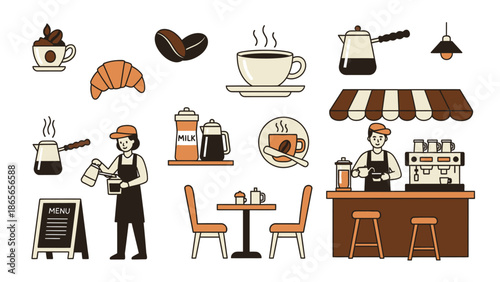 Modern line art vector illustrations of a coffee shop, featuring baristas, diverse coffee preparations, fresh pastries, machines, and cafe furniture, ideal for branding and digital use