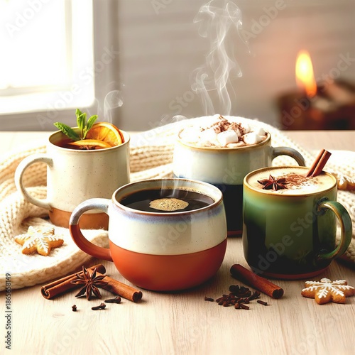 Cozy Winter Drinks Assortment with Hot Coffee, Cocoa, and Spiced Tea on Wooden Table.