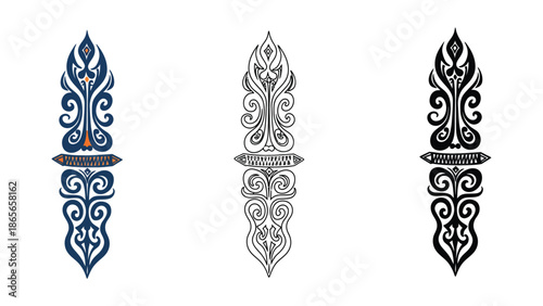 Elegant symmetrical decorative ornaments in blue, black, and grayscale for design.