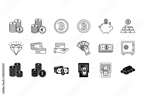 Set of Currency Icons and Financial Asset Line Art Symbols Vector.