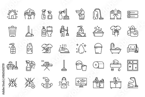 Set of Cleaning Service Icons and Hygiene Maintenance Line Art Symbols Vector.