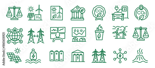 Renewable energy and low emission sustainable power system line icon set including solar, wind, hydrogen and EV charging. Clean energy generation and grid infrastructure vector illustration.