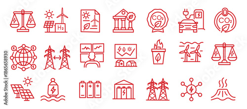 Renewable energy and low emission sustainable power system line icon set including solar, wind, hydrogen and EV charging. Clean energy generation and grid infrastructure vector illustration.