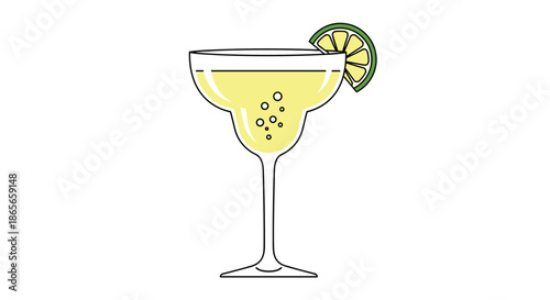 Classic margarita cocktail in a stemmed glass garnished with a lime slice and showing rising bubbles on white background.