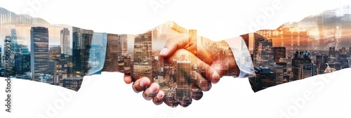 Double exposure image of business people handshake on city office building in background showing partnership success of business deal. Concept of corporate teamwork, trust partner and work agreement. 