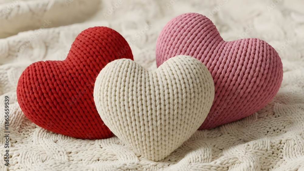 Fototapeta premium A heartwarming display of knitted hearts in red, pink, and cream on a soft blanket