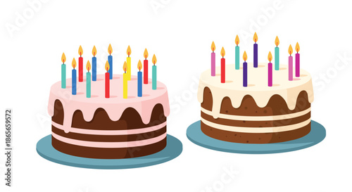 Two chocolate birthday cakes with different colored frostings and many lit candles celebrate a joyful double event.