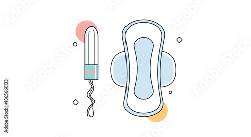 Feminine hygiene products including a tampon and a sanitary pad are shown with abstract circles for health care topics.