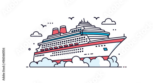 Massive white and red cruise ship sails through fluffy clouds and a clear sky for a luxury travel and holiday theme.