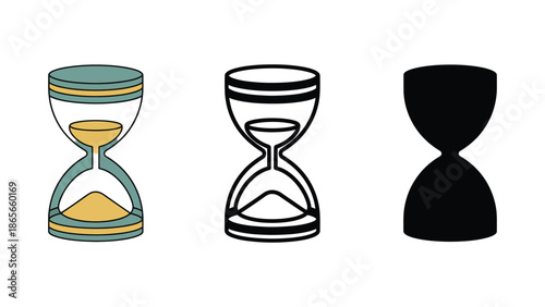 Three distinct hourglass icons representing the passage of time, from colorful illustration to simple outline and solid silhouette