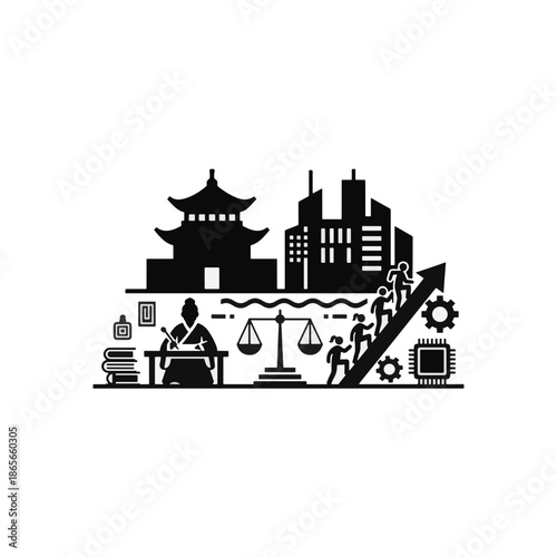 Confucianism imperial examinations vs modern meritocracy silhouette. Traditional scholar and modern city business concept. Education and career evolution vector illustration