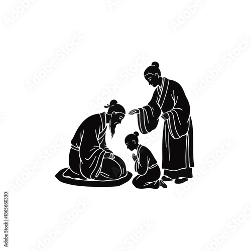 Black silhouette illustration of a traditional Chinese family. Concept of Confucianism and respect for elders. Child bowing to parents in ancient costume