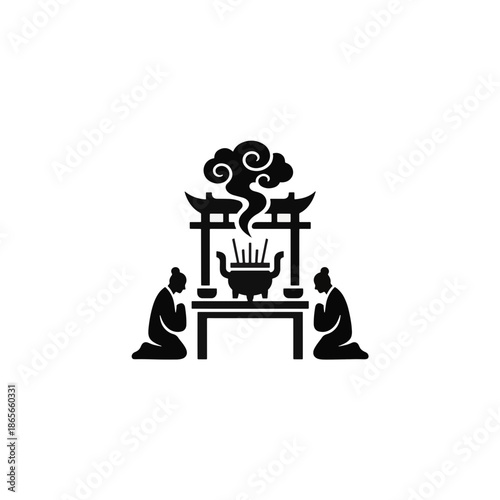 Confucianism rites and ancestor worship silhouette icon. Traditional Asian prayer altar with incense and kneeling figures. Black vector glyph isolated on transparent background