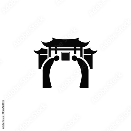 Confucianism respect and etiquette icon. Traditional Chinese gate with bowing figures. Black silhouette vector illustration