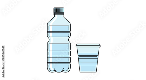 Transparent blue plastic water bottle standing next to a matching plastic cup filled with refreshing liquid on a clean white background.