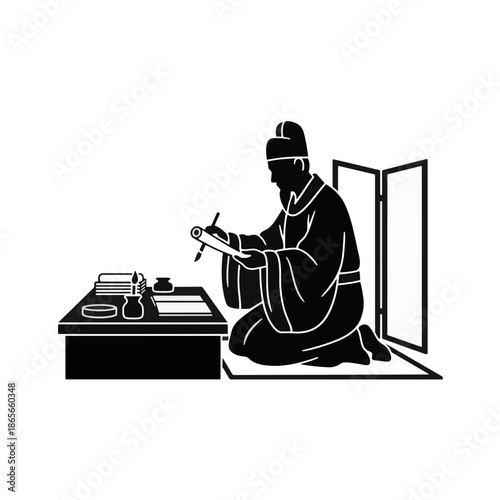 Ancient Asian scholar writing with brush silhouette. Traditional Confucian official studying at desk. Vector illustration