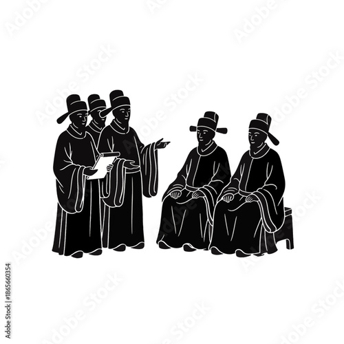 Black silhouette of Confucian scholars advising rulers. Ancient Asian officials meeting with emperor. Traditional vector illustration
