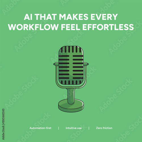 Retro-style microphone illustration for AI-driven effortless workflow and intuitive business automation on a green background.