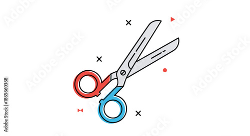 Open pair of professional tailoring scissors with distinct red and blue handles surrounded by decorative graphic elements on a white surface.