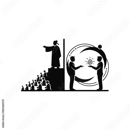 Teacher student hierarchy vs mentor partnership silhouette. Comparison of traditional authority and modern collaboration. Vector icon illustration