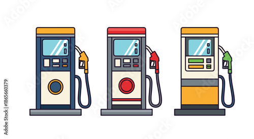 Trio of diverse gas pump station models featuring different color schemes and nozzle designs for modern fueling station illustration needs.