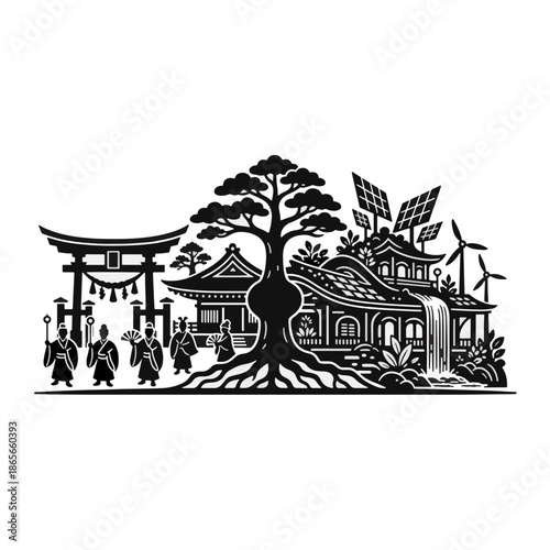 Shinto shrine rituals and renewable energy concept. Black silhouette vector illustration of traditional Japanese culture and future eco technology. Isolated graphic design element