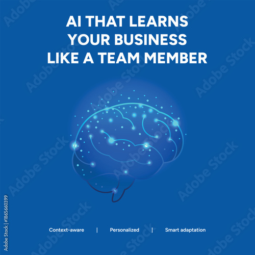 Glowing digital brain illustration representing context-aware AI learning and smart business adaptation as a team member on a blue background.