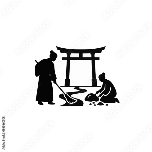 Shinto shrine caretakers maintaining sacred grounds. Black silhouette vector illustration of Torii gate and workers. Minimalist Japanese culture graphic isolated on transparent background