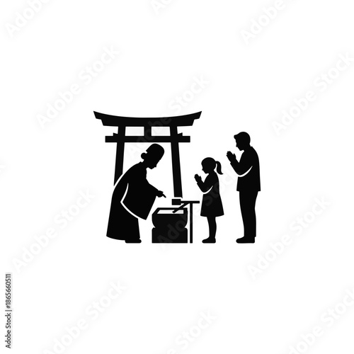 Shinto shrine etiquette and purification ritual silhouette. Japanese culture and tourism vector illustration. Priest teaching tourists at a torii gate. Isolated vector graphic