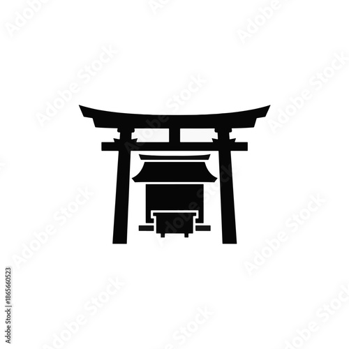 Shinto shrine silhouette with torii gate and hokora. Japanese traditional religious icon. Minimalist flat vector illustration isolated on transparent background