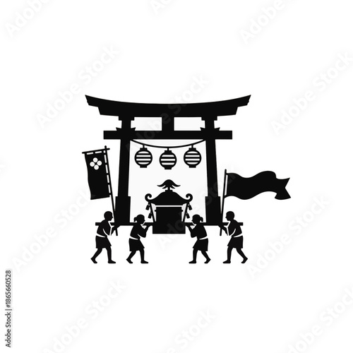 Japanese Shinto festival silhouette. Traditional matsuri procession with torii gate, mikoshi and lanterns. Flat vector illustration isolated on transparent background