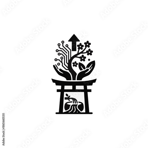 Japanese Shinto tradition and future technology fusion icon. Minimalist black silhouette vector illustration of Torii gate, circuit tree, and purification rite. Vertical graphic