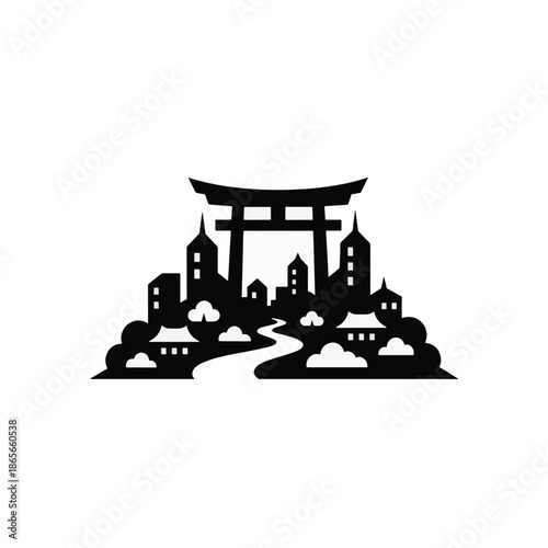 Japanese city silhouette with Torii gate. Shinto urban landscape vector illustration. Minimalist flat design icon isolated on transparent background
