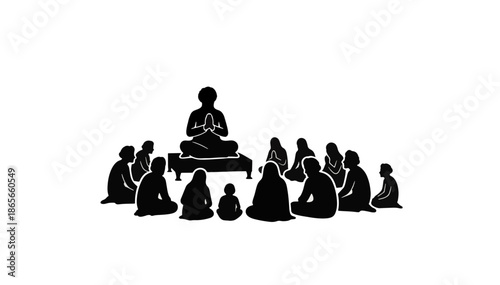 Black silhouette of Sikh community listening to spiritual teaching. Minimalist flat vector illustration of a religious gathering. Isolated on transparent background
