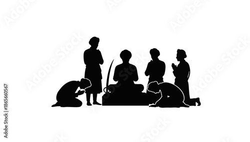 Sikhism early Sikhs practicing daily prayer and discipline. Black silhouette vector illustration. Spiritual worship and meditation scene isolated on transparent background