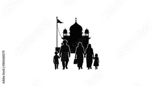 Sikh family walking to Gurdwara silhouette. Traditional Punjabi people visiting temple. Black vector illustration isolated on transparent background