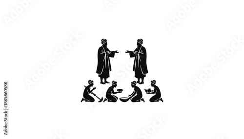 Sikhism Gurus teaching honest work and sharing. Black silhouette vector illustration. Religious and cultural values concept. Isolated graphic on transparent background