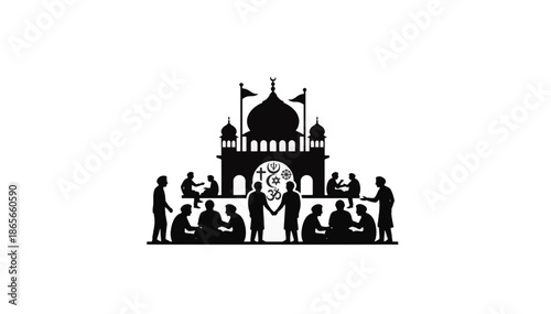 Interfaith community gathering silhouette vector illustration. Religious symbols and people in unity. Flat design graphic isolated on transparent background
