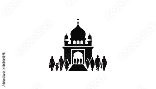 Sikh Gurdwara silhouette with people. Welcoming and inclusive community concept. Flat design vector illustration isolated on transparent background